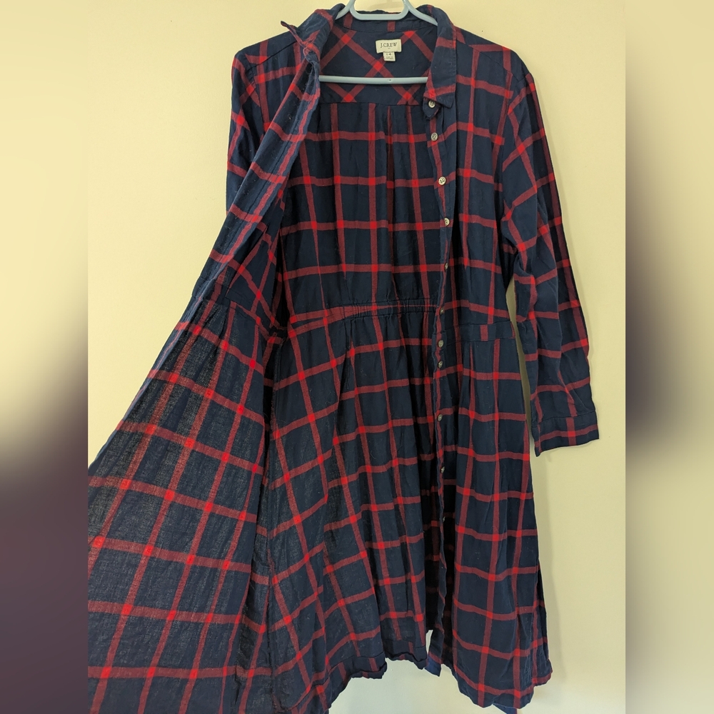 J Crew Women's 14 Blue Red Check / Plaid Button Shirt Dress Waist Cinch Collar - Picture 3 of 6